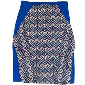 Eva Franco Blue Multicolor Geometric Midi Skirt - Sz 8//10. Vibrant, Chic!